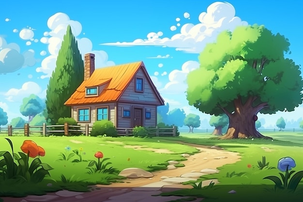 Haus auf dem Land neben einem großen Baum Cartoon-Stil Generate Ai