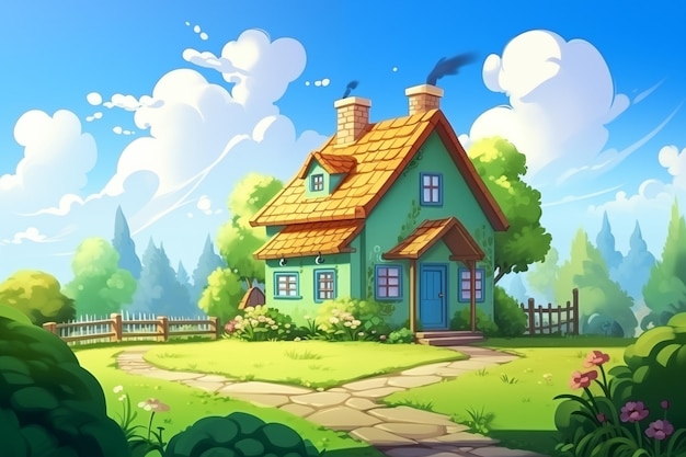Haus auf dem Land neben einem großen Baum Cartoon-Stil Generate Ai