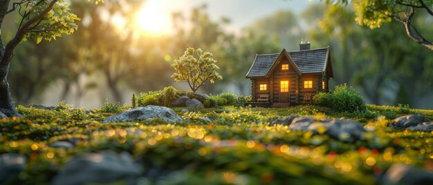 Haus auf einem grünen Rasen im Garten Holzhaus Sonnenaufgang im Garten 3D-Rendering