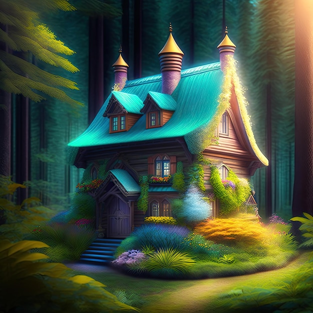 Haus einer kleinen märchenhaften Kreatur in einem magischen Wald Nachverarbeitung