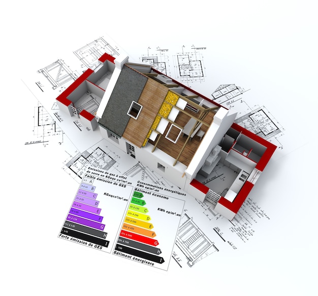 Haus im Bau, auf Bauplänen, mit und Energieeffizienz-Bewertungstabelle