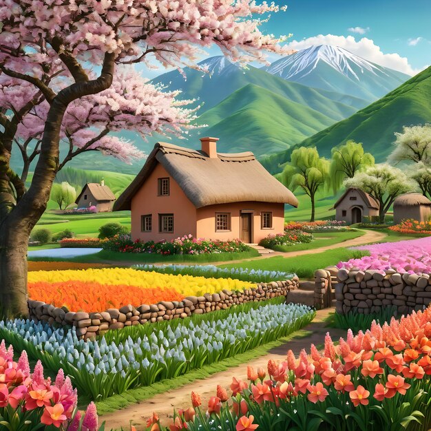 Foto haus im frühling grünen feld viele blumen