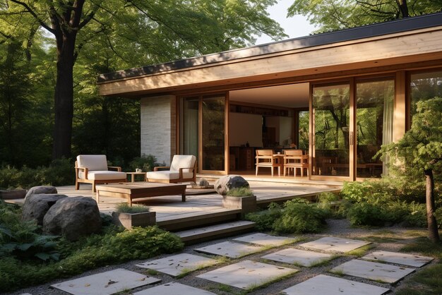 Haus im Garten im minimalistischen Stil Baskt sich im natürlichen Licht