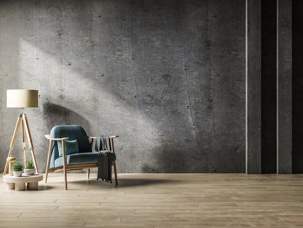 Haus im Loft-Stil mit blauem Sessel und Accessoires im Zimmer