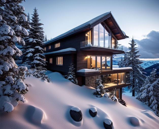 Haus im Schnee im Winter schöne Winterlandschaft mit schneebedeckten Bäumen