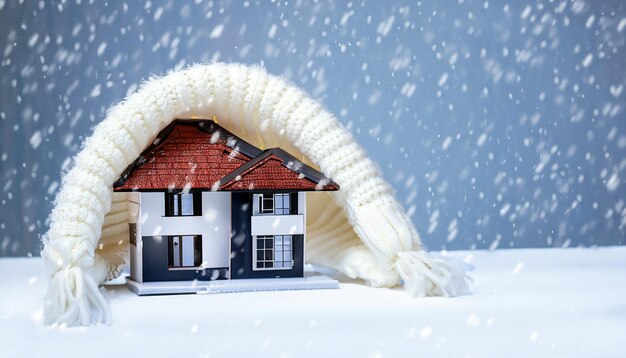 Haus im Winter Heizungssystem Konzept und kaltes schneereiches Wetter mit Modell eines Hauses tragen