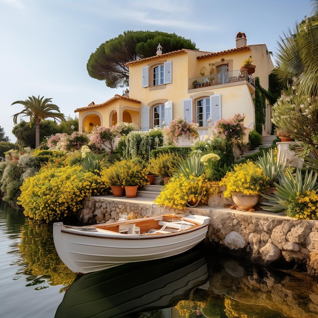 Haus in Antibe Frankreich Boot im Wasser gelbe Pflanzen