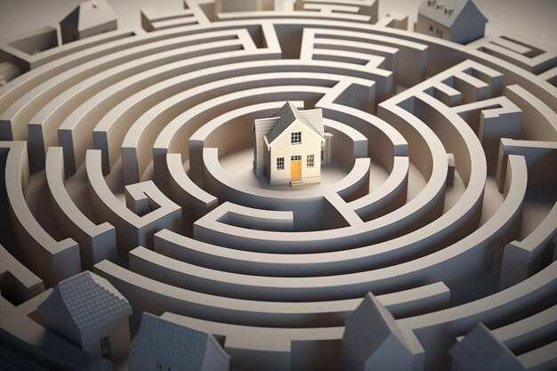 Haus in der Mitte eines Labyrinths Immobilien-Hintergrund-Banner 3D-Illustration