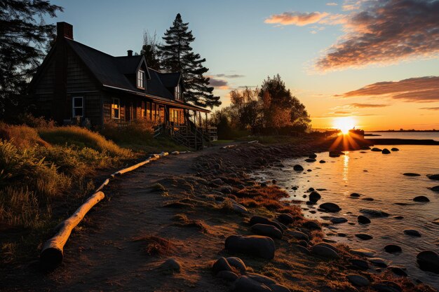 Foto haus in der nähe des ruhigen meeres auf dem land bei sonnenuntergang