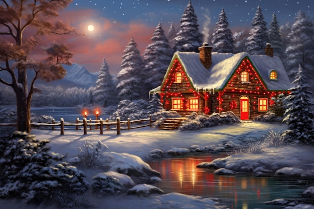 Foto haus in der nähe im winter landschaft mit schnee weihnachtszeit haus im winter mit weihnachten hintergrund