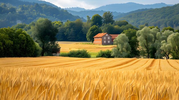 Haus inmitten eines Weizenfeldes vor dem Hintergrund einer natürlichen Landschaft