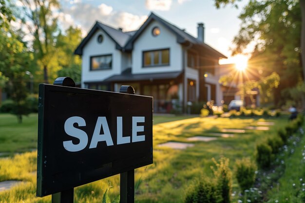 Haus mit einem Verkaufsschild vor dem Haus Immobilienkonzept