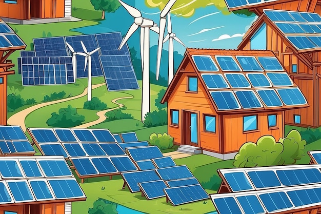 Haus mit energiesparenden Sonnenkollektoren und Windmühlen im Cartoon-Stil