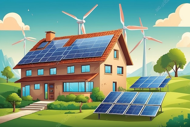 Haus mit energiesparenden Sonnenkollektoren und Windmühlen im Cartoon-Stil