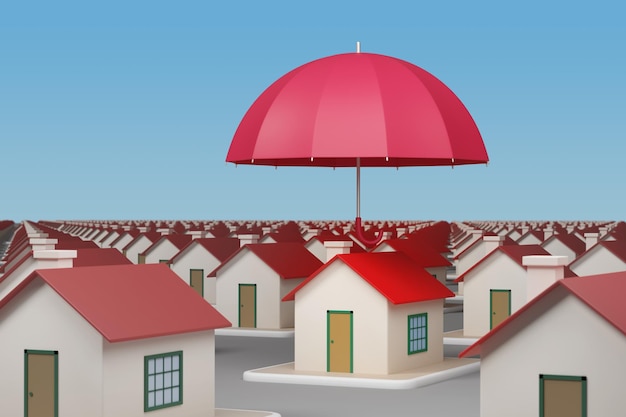 Haus mit Regenschirm Sicherheitskonzept 3D-Illustration