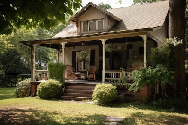 Haus mit Schindeldach, schattiger Veranda und Schaukelstühlen auf dem Rasen
