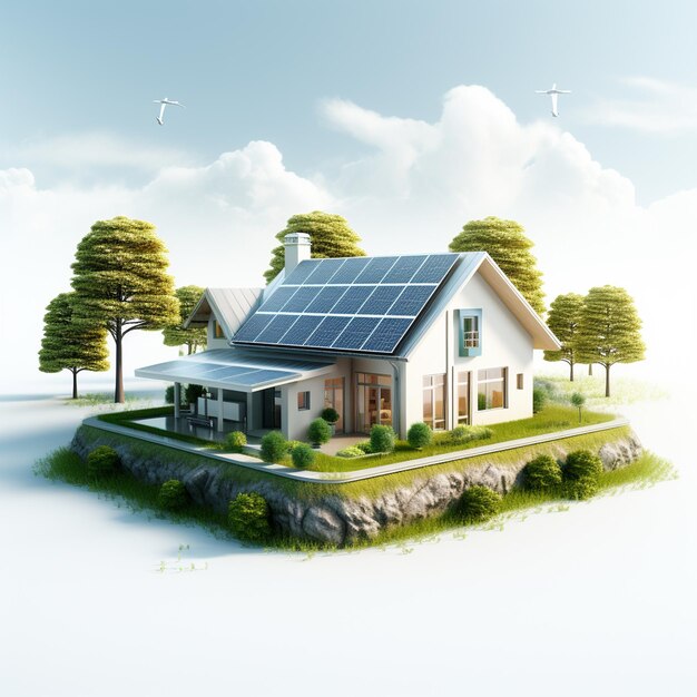 Foto haus mit solarpanelen und bäumen auf dem rasen