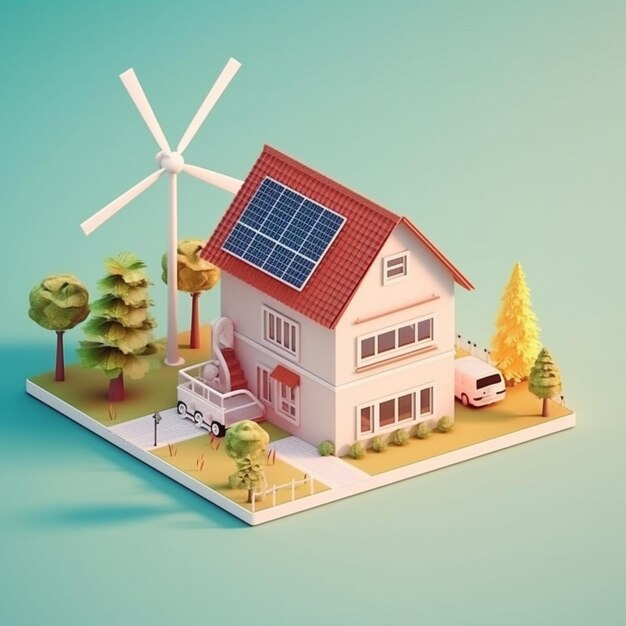 Foto haus mit solarpanelen und windmühle erneuerbare energie konzept 3d-rendering