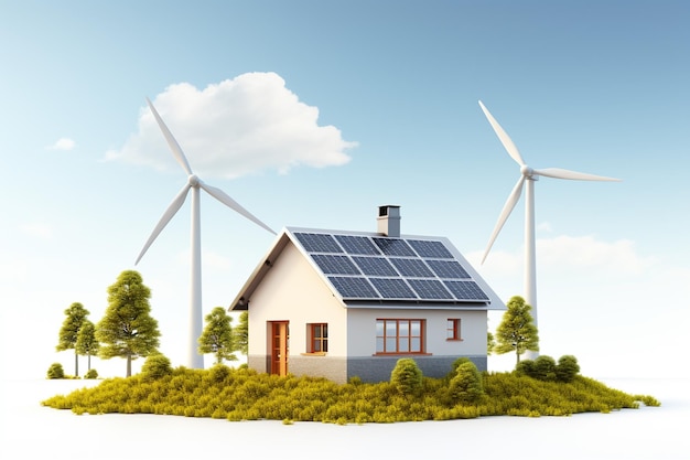 Haus mit Sonnenkollektoren und Windkraftanlagen Konzept für erneuerbare Energien