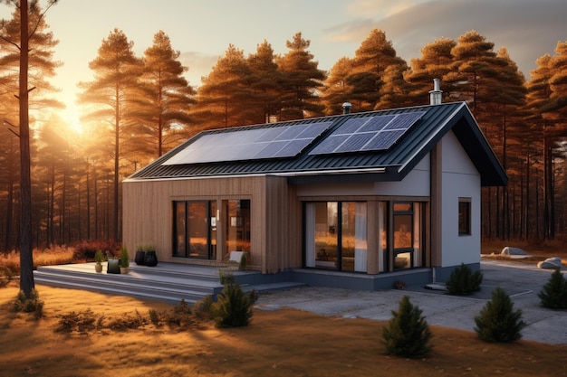 Haus mit Sonnenpanelen auf dem Dach aus Holz, moderne schwedische Architektur, Vorderhof, Kiefern im Herbst