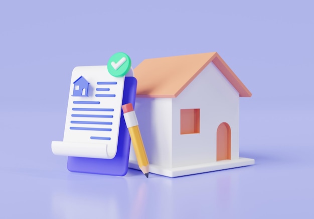 Haus mit unterzeichnetem Vertragsformular und Geld Unterzeichneter Immobilienkaufvertrag Haushypothek Immobilieninvestitionsvertragsvereinbarung Geschäftsdarlehen Immobilienkonzept 3D-Darstellung