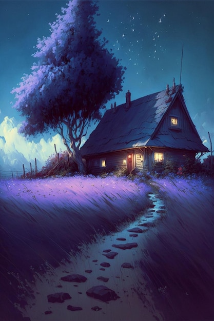 Haus mitten auf einem Feld bei Nacht, generative KI