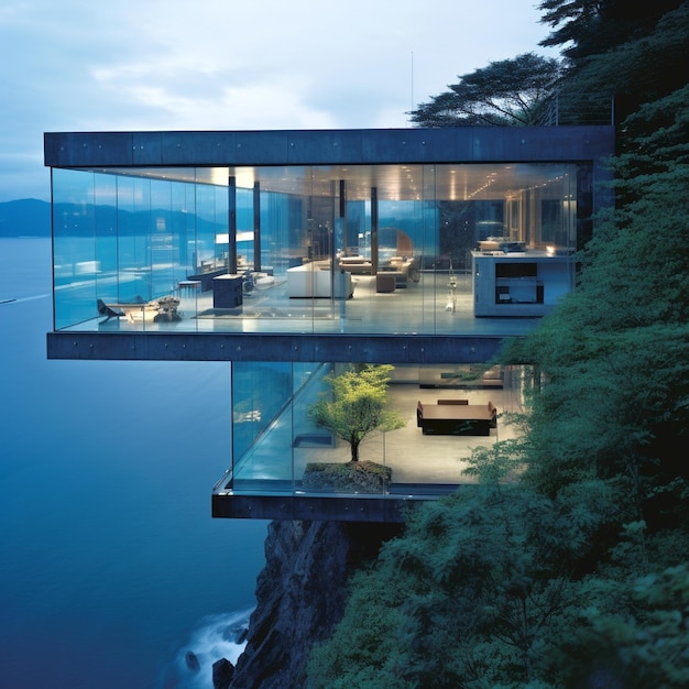 Haus mitten auf einer Klippe, alles aus Glas, mit Blick auf den Ozean, moderne Architektur, Tadao-Ando-Stil