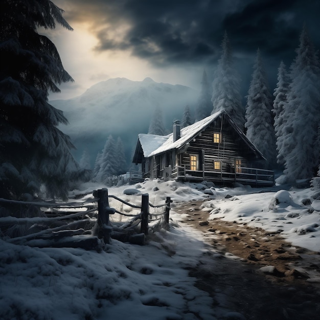 Foto haus mitten im wald schnee landschaft in der nacht