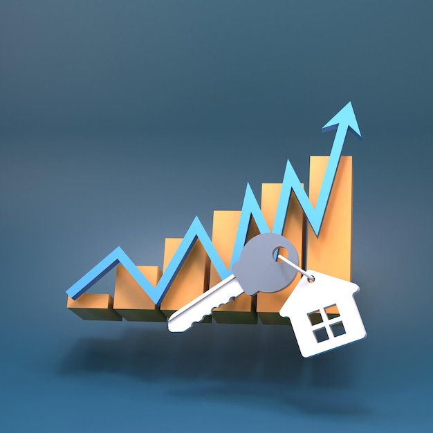 Haus- oder Wohnungsschlüsseldiagramm und Wachstumshistogramm Immobilienkaufkonzept 3d-Rendering