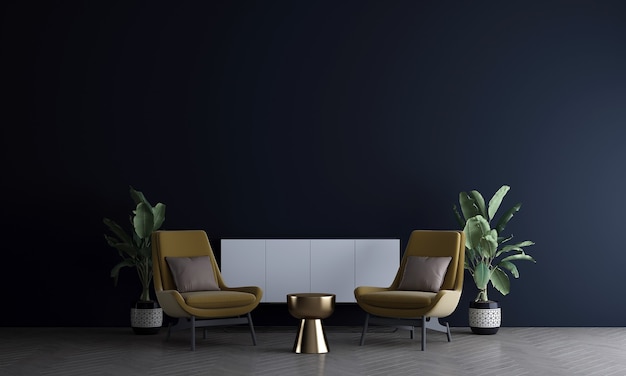 Haus und Dekoration verspotten Möbel und Innenarchitektur des modernen Wohnzimmers und der schwarzen Wandbeschaffenheitshintergrund-3D-Rendering