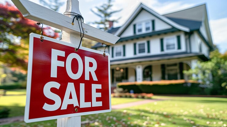 Foto haus zum verkauf immobilienschild vor dem haus generative ki