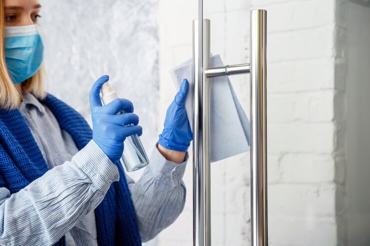 Hausarbeiterinnenporträt in blauen Gummihandschuhen reinigen Türknauf mit Stofflappen, der den Türgriff mit antibakteriellem Alkoholspray reinigt, neues normales Covid-Coronavirus bei der Oberflächendesinfektion