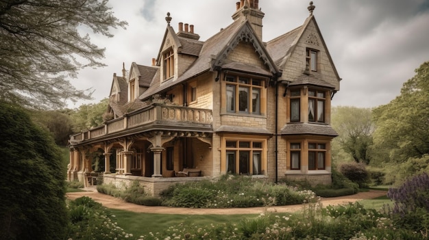 Hausarchitektur im Tudor-Stil mit Holzbäumen