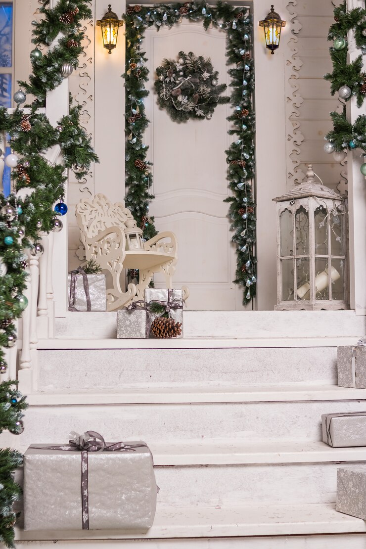 Hauseingang verziert für holidays.garland von Niederlassungen und von Lichtern auf dem Geländer festlich verziertes Haus. Laterne, Geschenkboxex in silber.Ferienpostkarte