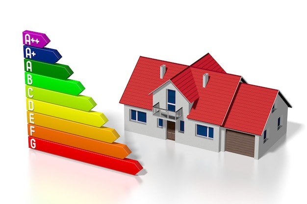 Hausform und Energieverbrauchseffektivitätsdiagramm 3D-Darstellung