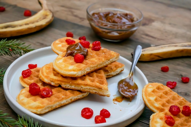 Hausgemachte belgische Waffeln herzförmige Beeren Banane und gekochte Kondensmilch Dessert Essen