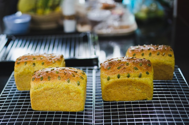 Hausgemachte Brotlaib mit Kürbiskern auf dem Rost