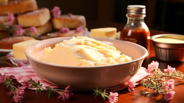 Hausgemachte Butter in einer Schüssel auf rosa Hintergrund