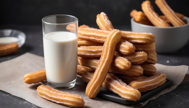 Hausgemachte Churros mit einem Glas Milch