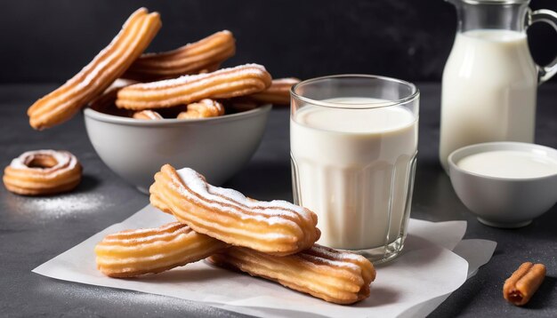 Hausgemachte Churros mit einem Glas Milch