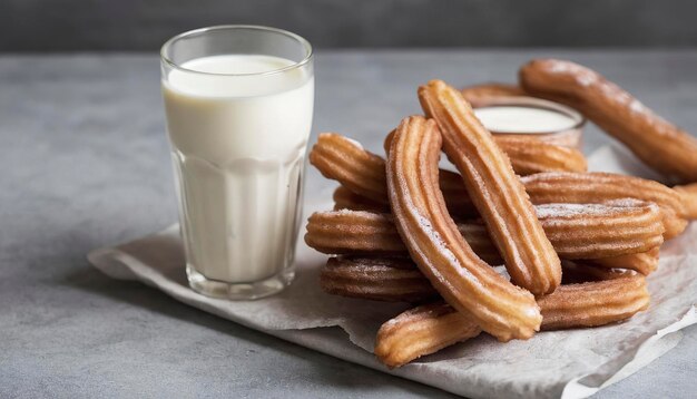 Hausgemachte Churros mit einem Glas Milch