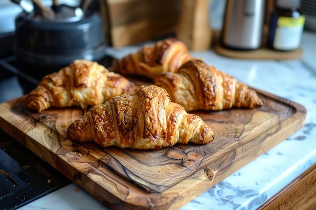 Hausgemachte Croissants serviert frisch auf einer Bordplatte aus natürlichem Holz