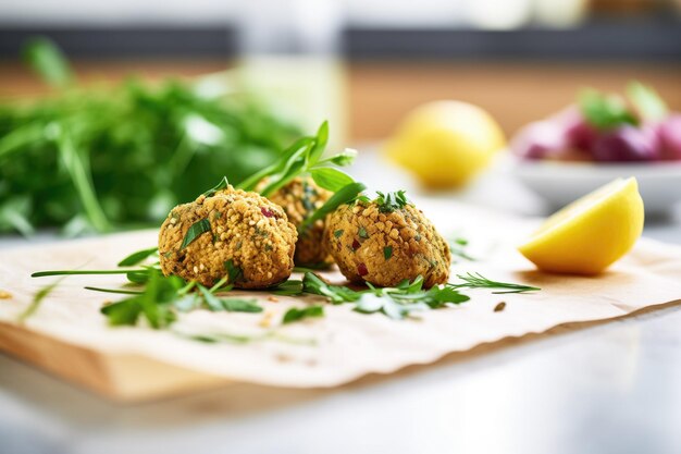 Foto hausgemachte falafel auf einer küchenplatte mit kräutern