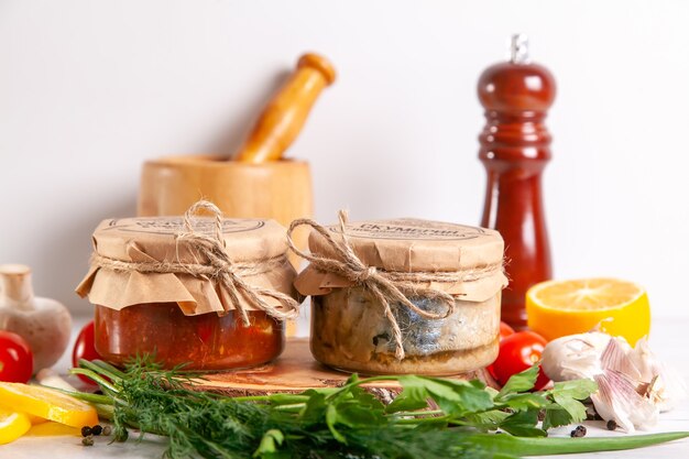 Hausgemachte Fischkonserven aus Makrele in Öl und Tomatenmark. Gläser mit Fischkonserven.