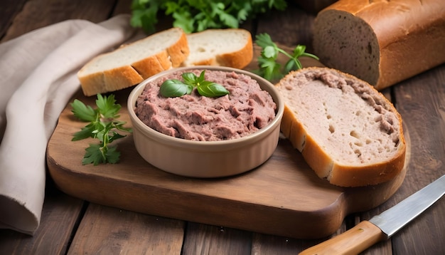 Foto hausgemachte fleischpaste mit hausgemachtem brot auf einem holztisch