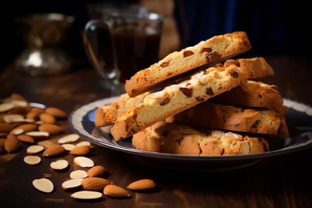 Hausgemachte frische italienische Kekse, Cantuccini-Stapel und Bio-Mandelsamen, Biscotti-Cantuccini