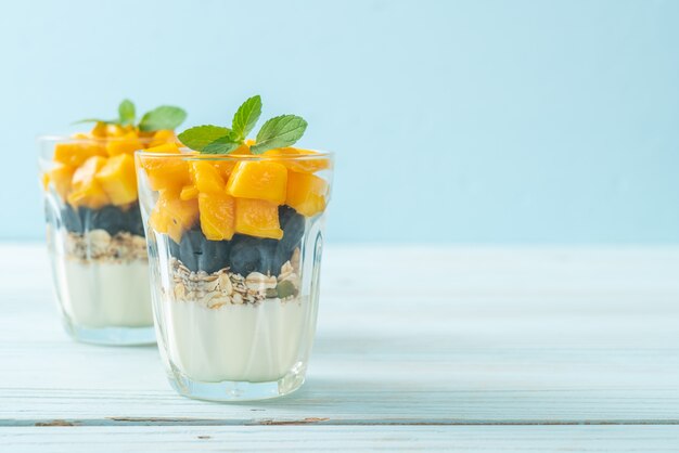 Hausgemachte frische Mango und frische Blaubeere mit Joghurt und Müsli