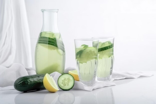 Hausgemachte gesunde Limonade mit frischer Gurke und Zitrone für ein gesundes Frühstück in der weißen Küche