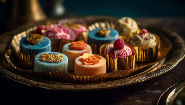 Hausgemachte Gourmet-Schokoladen-Cupcakes mit Himbeerdekoration, generiert von KI