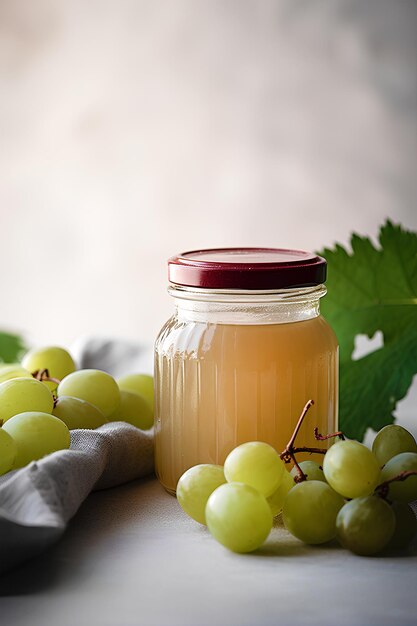 Hausgemachte grüne Traubenkonserven oder Marmelade in einem Glas, umgeben von frischen Beeren